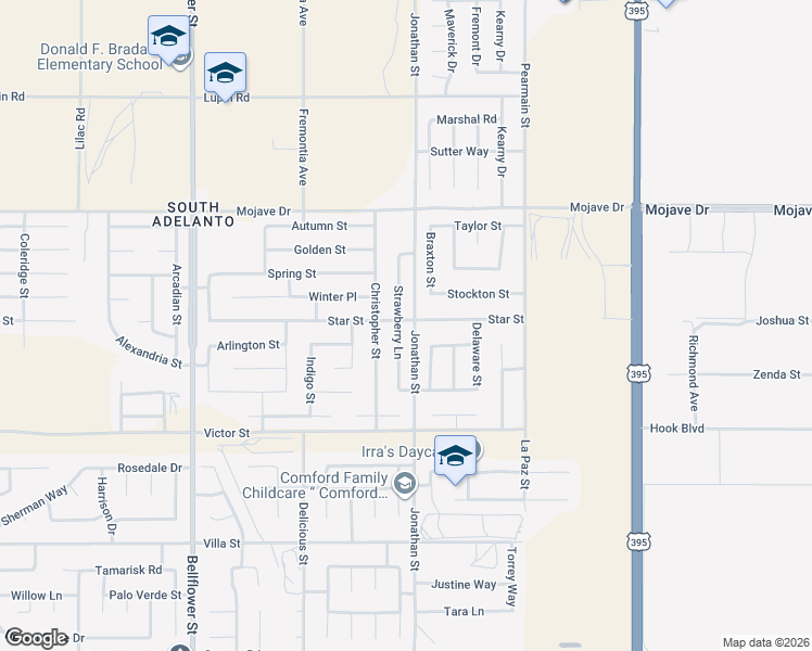 map of restaurants, bars, coffee shops, grocery stores, and more near 15050 Huntington Street in Adelanto