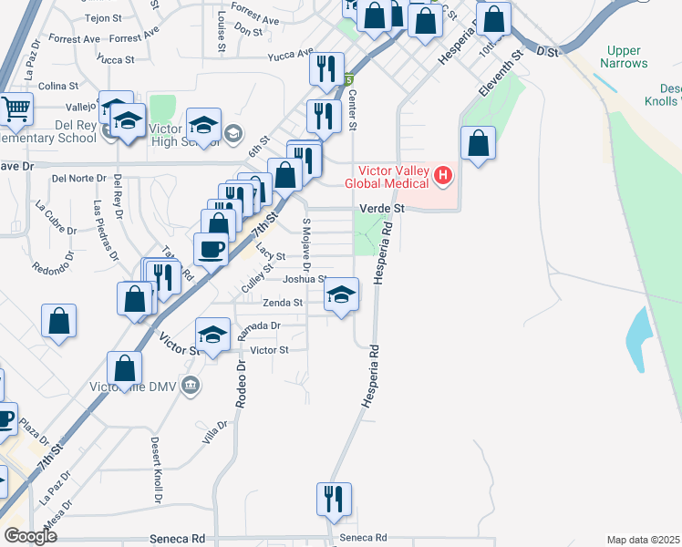 map of restaurants, bars, coffee shops, grocery stores, and more near 16774 Joshua Street in Victorville