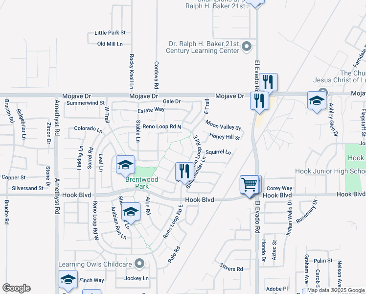 map of restaurants, bars, coffee shops, grocery stores, and more near 15084 Roan Circle in Victorville