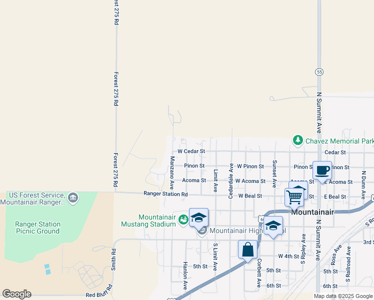 map of restaurants, bars, coffee shops, grocery stores, and more near 1003 West Pinon Street in Mountainair