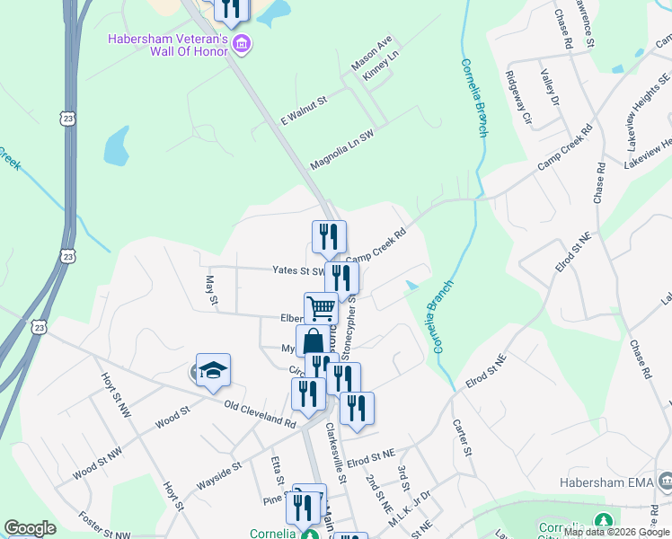 map of restaurants, bars, coffee shops, grocery stores, and more near 620-626 Stonecypher Street in Cornelia