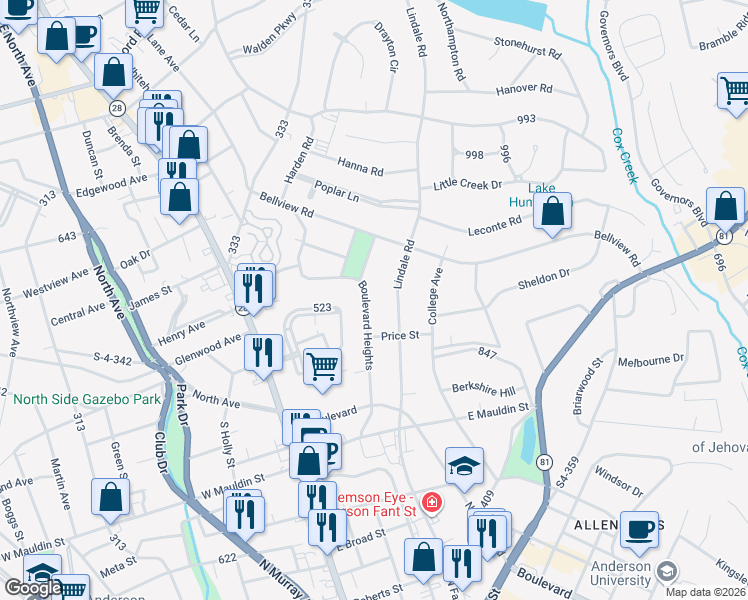 map of restaurants, bars, coffee shops, grocery stores, and more near 2003 Lindale Road in Anderson