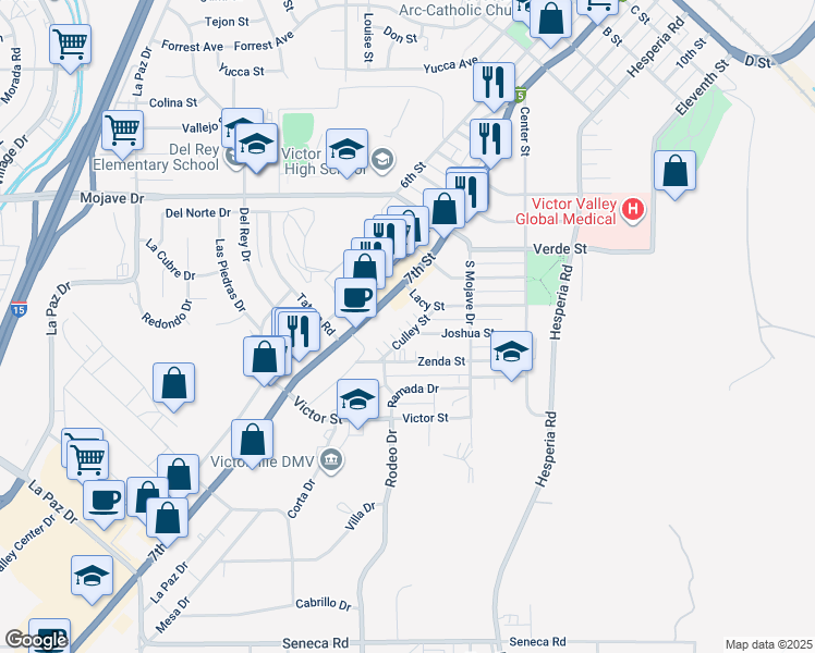 map of restaurants, bars, coffee shops, grocery stores, and more near 15044 Culley Street in Victorville