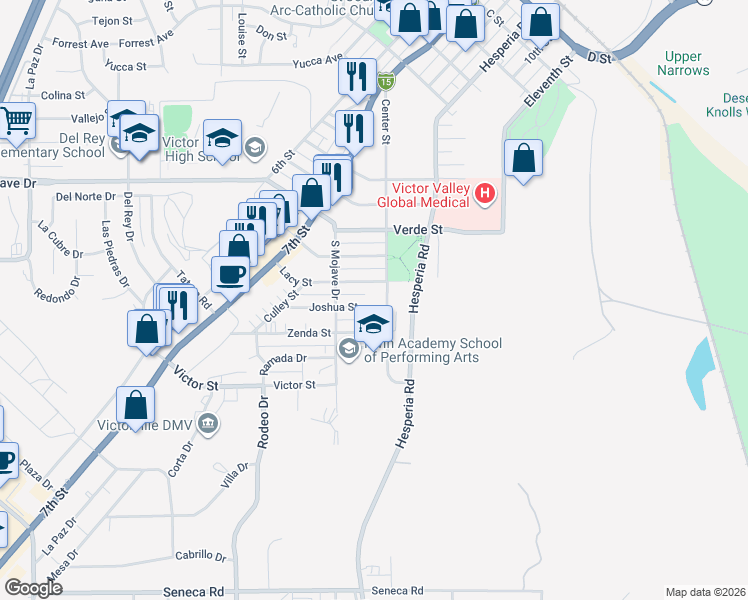 map of restaurants, bars, coffee shops, grocery stores, and more near 16774 Joshua Street in Victorville