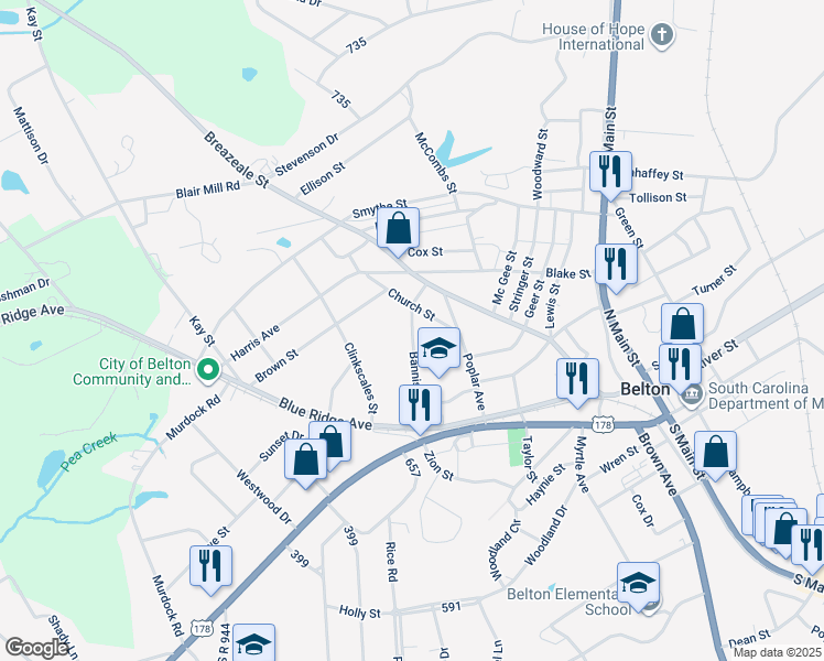 map of restaurants, bars, coffee shops, grocery stores, and more near 218 Bannister Street in Belton