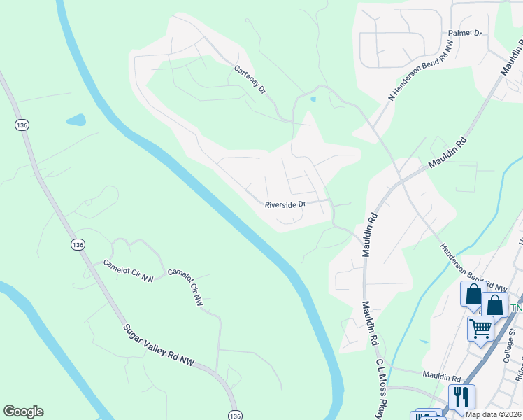 map of restaurants, bars, coffee shops, grocery stores, and more near 422 Riverside Drive in Calhoun