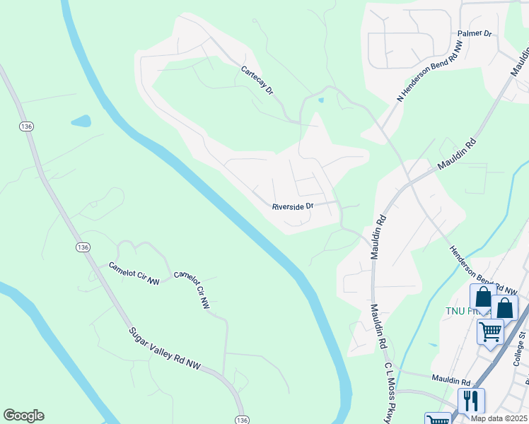 map of restaurants, bars, coffee shops, grocery stores, and more near 501 Riverside Drive in Calhoun
