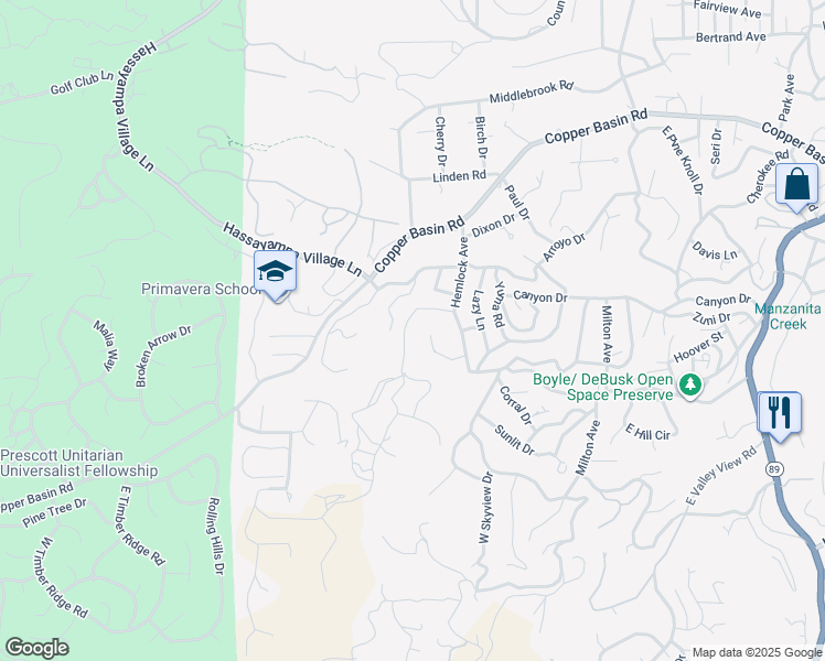 map of restaurants, bars, coffee shops, grocery stores, and more near 873 Vallejo Vista Road in Prescott