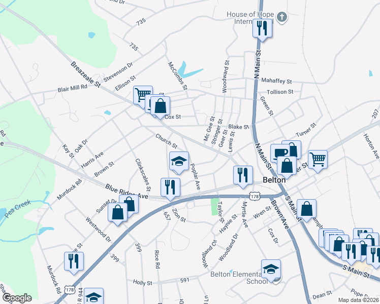 map of restaurants, bars, coffee shops, grocery stores, and more near 417 Breazeale Street in Belton