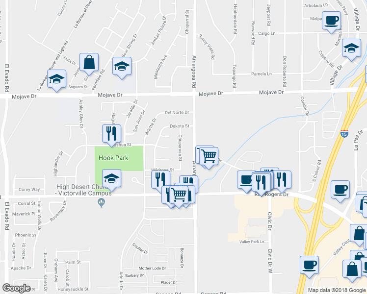 map of restaurants, bars, coffee shops, grocery stores, and more near 15097 Chuparosa Street in Victorville