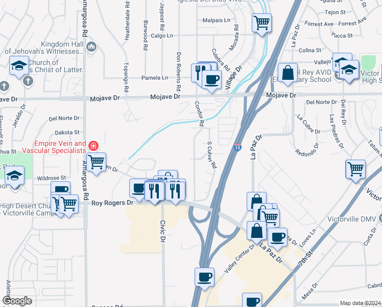 map of restaurants, bars, coffee shops, grocery stores, and more near 15084 Condor Road in Victorville