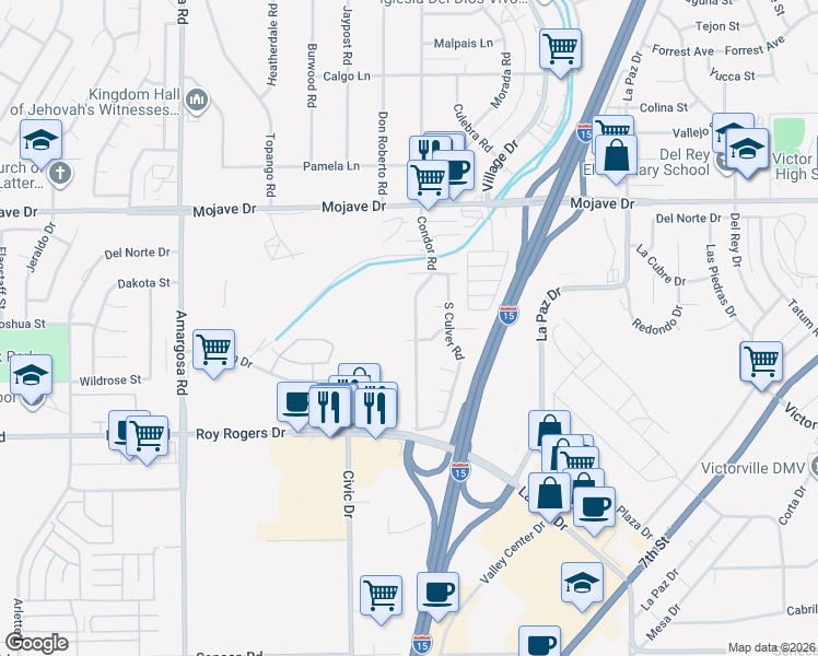 map of restaurants, bars, coffee shops, grocery stores, and more near 15115 Condor Road in Victorville
