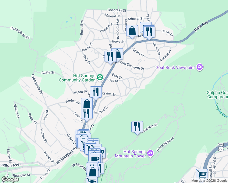 map of restaurants, bars, coffee shops, grocery stores, and more near 113 Marble Street in Hot Springs