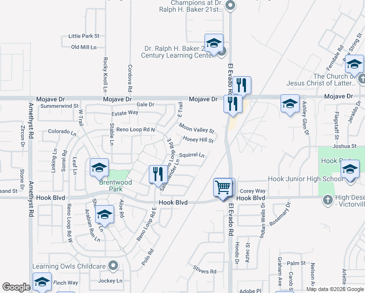 map of restaurants, bars, coffee shops, grocery stores, and more near 14353 Castle Peaks Street in Victorville