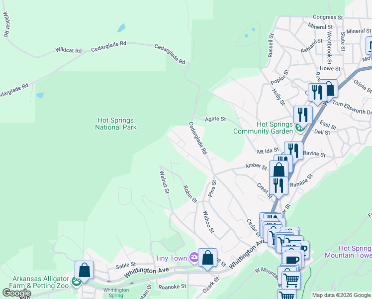 map of restaurants, bars, coffee shops, grocery stores, and more near 372 Cedar Street in Hot Springs