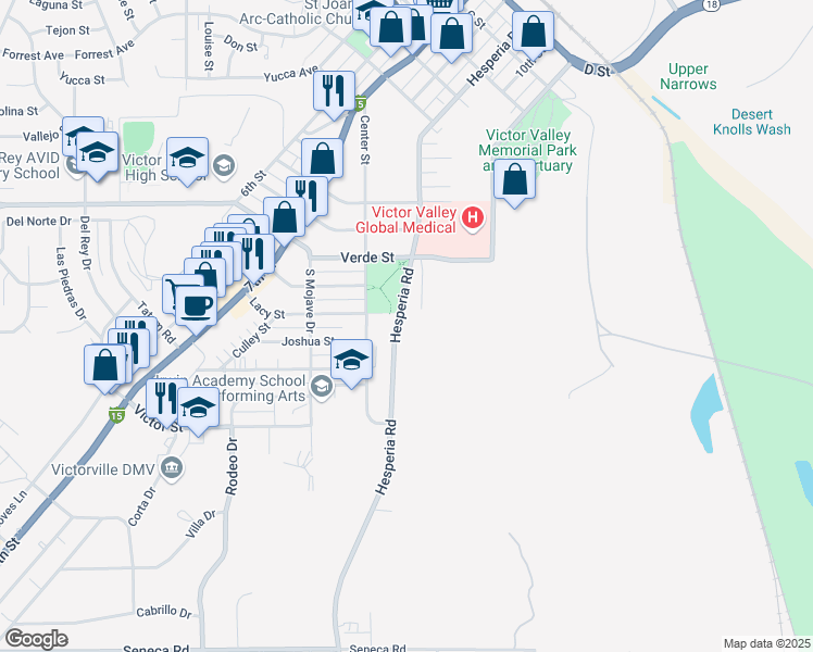 map of restaurants, bars, coffee shops, grocery stores, and more near 15107 Hesperia Road in Victorville