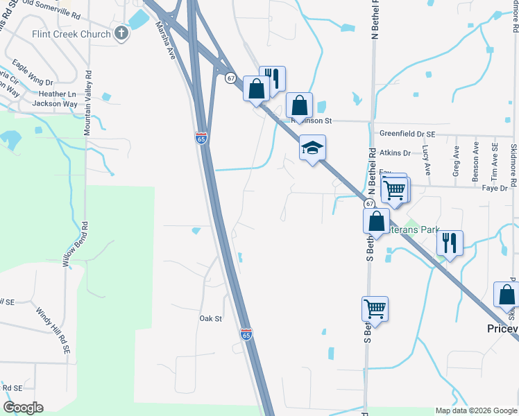 map of restaurants, bars, coffee shops, grocery stores, and more near 119 Speegle Street in Decatur