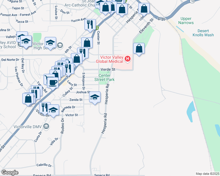 map of restaurants, bars, coffee shops, grocery stores, and more near in Victorville