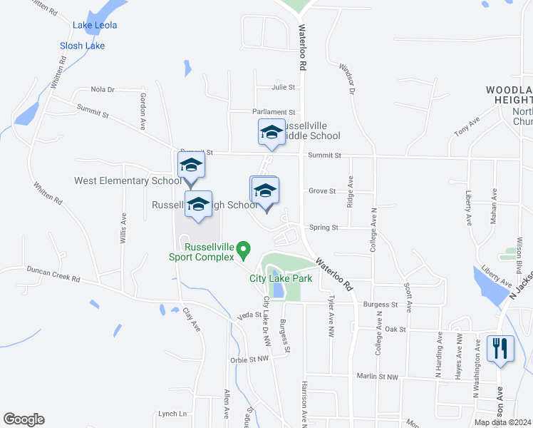 map of restaurants, bars, coffee shops, grocery stores, and more near 1865 Waterloo Road in Russellville