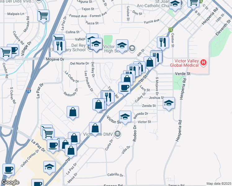 map of restaurants, bars, coffee shops, grocery stores, and more near 15015 Tatum Road in Victorville