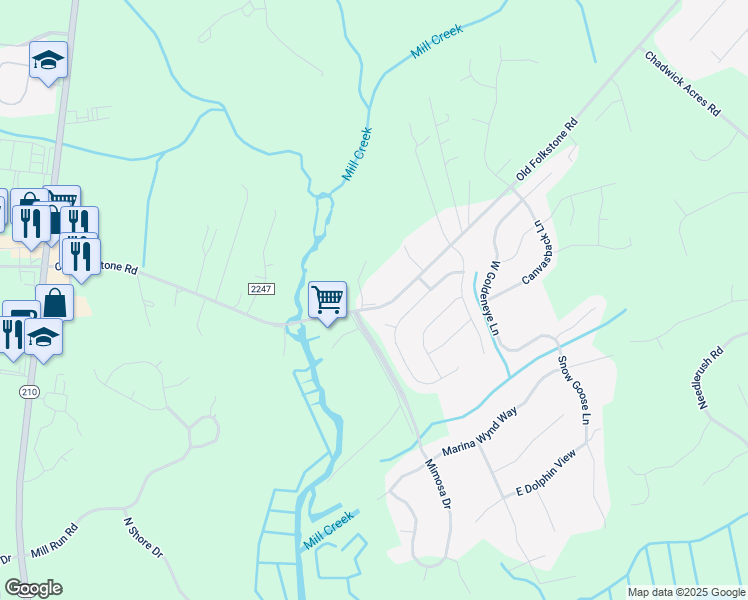 map of restaurants, bars, coffee shops, grocery stores, and more near 106 Laib Lane in Sneads Ferry