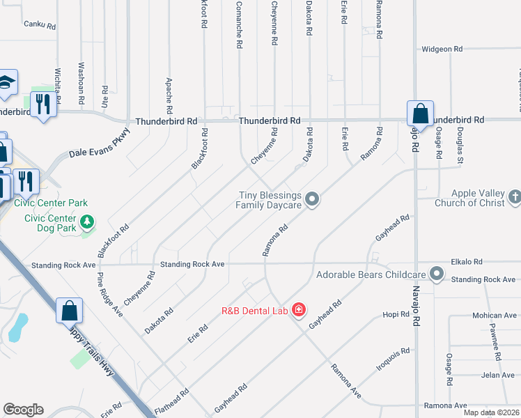 map of restaurants, bars, coffee shops, grocery stores, and more near 15055 Dakota Road in Apple Valley