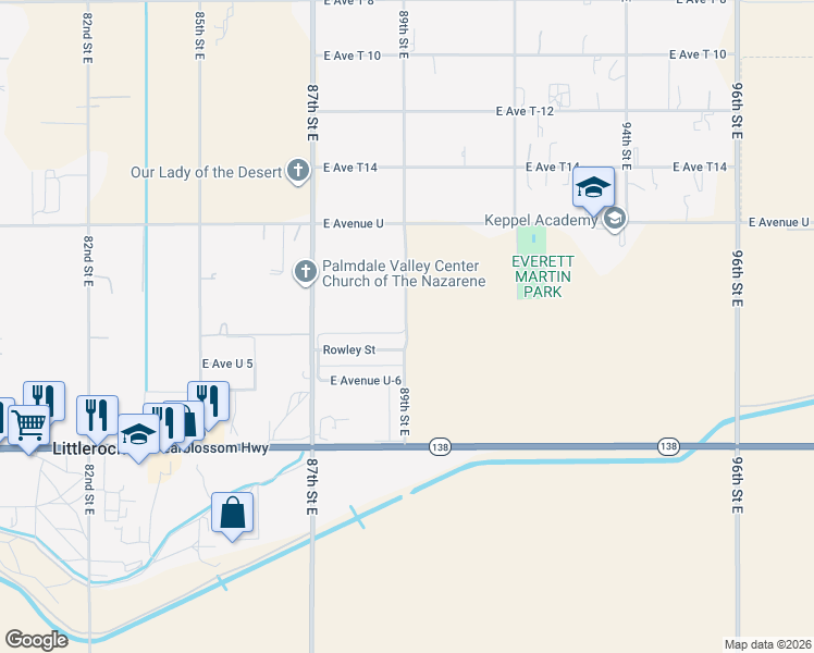 map of restaurants, bars, coffee shops, grocery stores, and more near 89th Street East in Littlerock