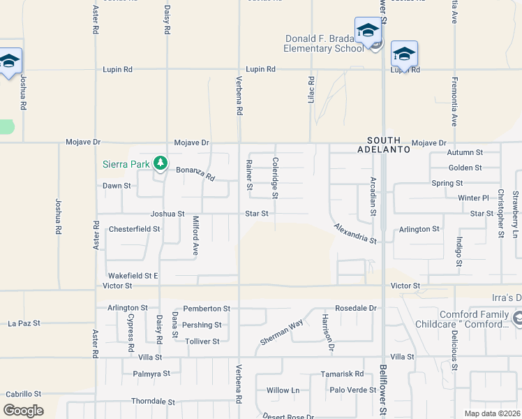 map of restaurants, bars, coffee shops, grocery stores, and more near 10962 Star Street in Adelanto