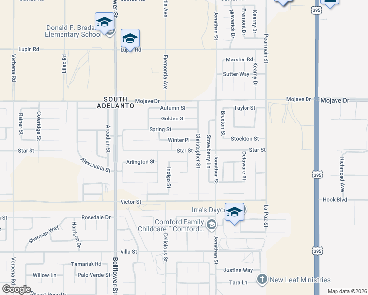 map of restaurants, bars, coffee shops, grocery stores, and more near 11576 Star Street in Adelanto