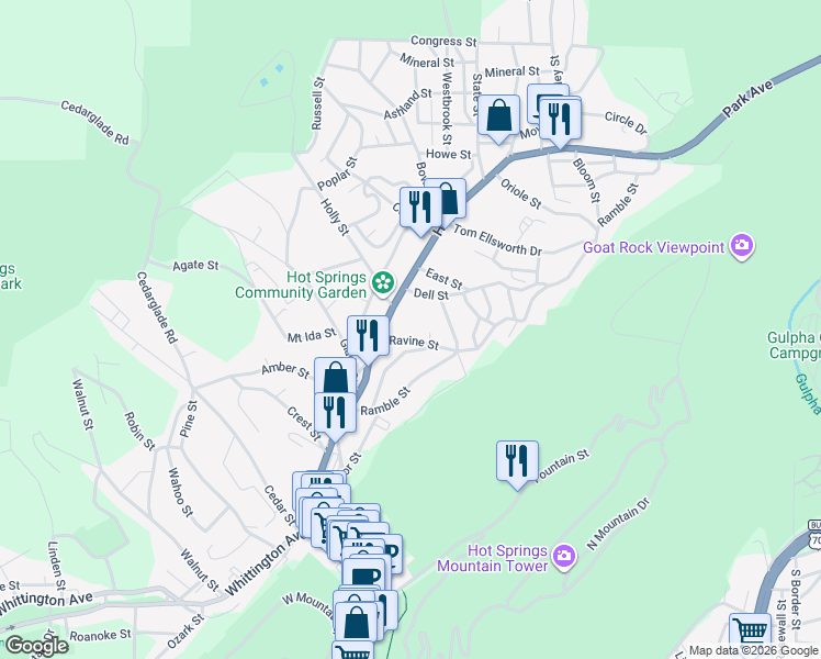map of restaurants, bars, coffee shops, grocery stores, and more near 644 Park Avenue in Hot Springs