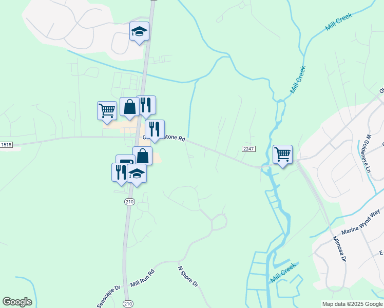 map of restaurants, bars, coffee shops, grocery stores, and more near 1052 Old Folkstone Road in Sneads Ferry