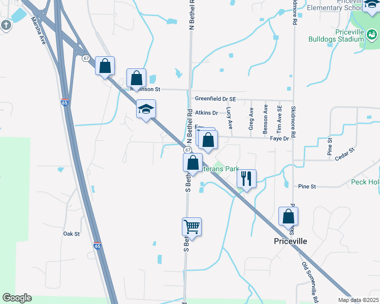 map of restaurants, bars, coffee shops, grocery stores, and more near in Priceville