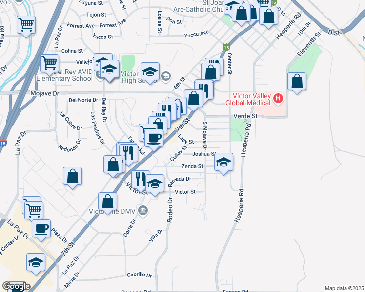 map of restaurants, bars, coffee shops, grocery stores, and more near 15070 Culley Street in Victorville
