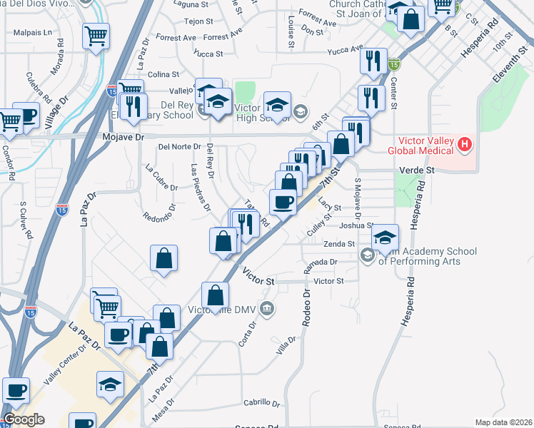 map of restaurants, bars, coffee shops, grocery stores, and more near 15048 Loves Lane in Victorville