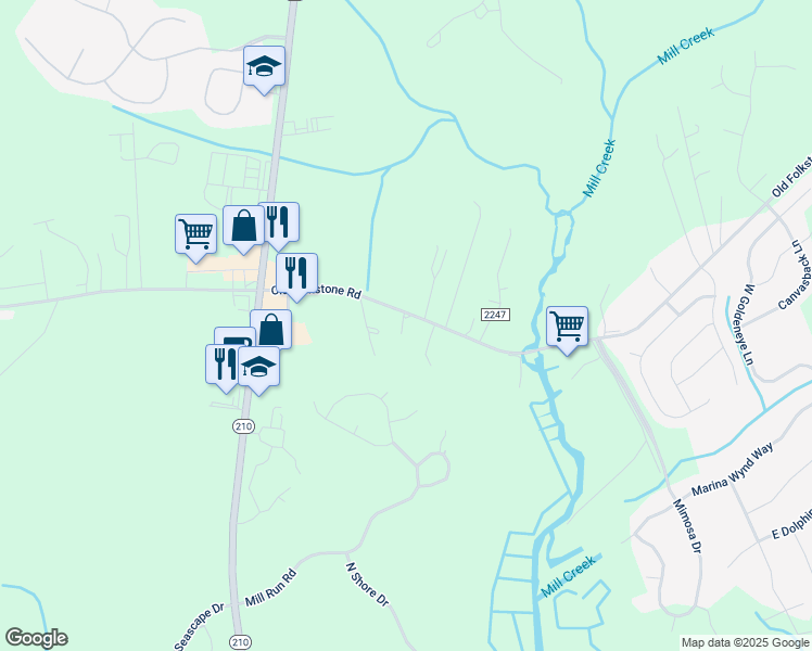 map of restaurants, bars, coffee shops, grocery stores, and more near 1052 Old Folkstone Road in Sneads Ferry