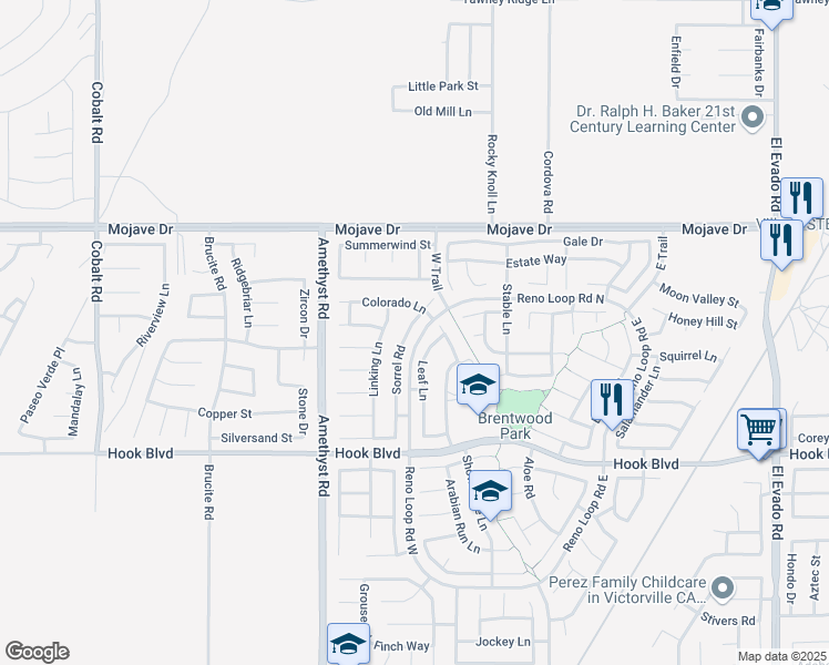 map of restaurants, bars, coffee shops, grocery stores, and more near 15121 Sorrel Road in Victorville