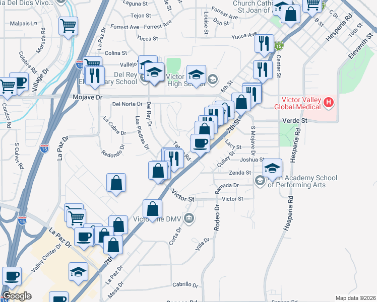 map of restaurants, bars, coffee shops, grocery stores, and more near 15048 Loves Lane in Victorville