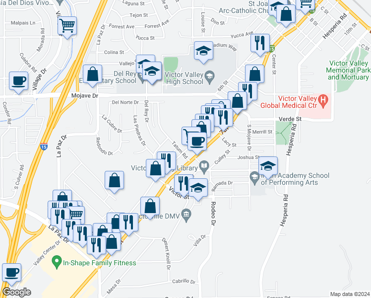 map of restaurants, bars, coffee shops, grocery stores, and more near 15015 Tatum Road in Victorville