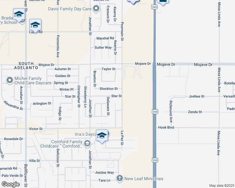 map of restaurants, bars, coffee shops, grocery stores, and more near 11870 Star Street in Adelanto