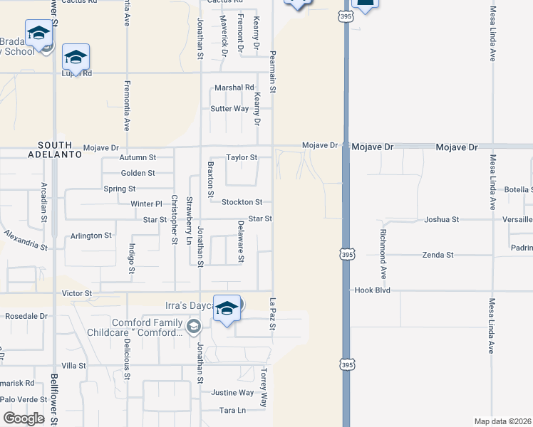 map of restaurants, bars, coffee shops, grocery stores, and more near 11882 Star Street in Adelanto