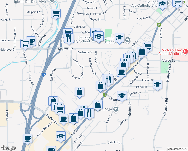 map of restaurants, bars, coffee shops, grocery stores, and more near 15102 Las Piedras Drive in Victorville