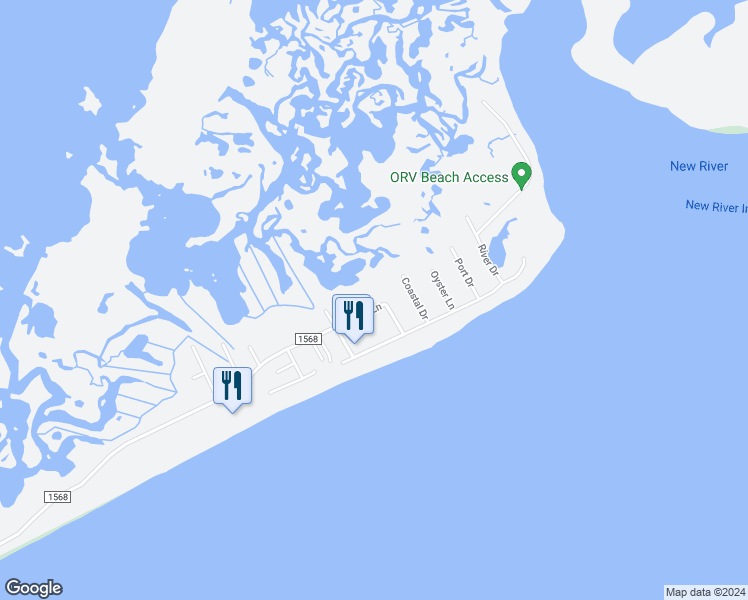 map of restaurants, bars, coffee shops, grocery stores, and more near 145 Sea Gull Lane in North Topsail Beach