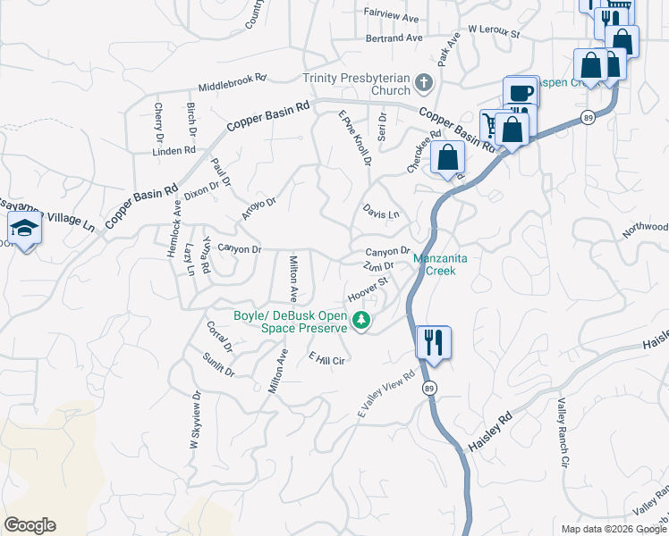 map of restaurants, bars, coffee shops, grocery stores, and more near 745 Zuni Drive in Prescott