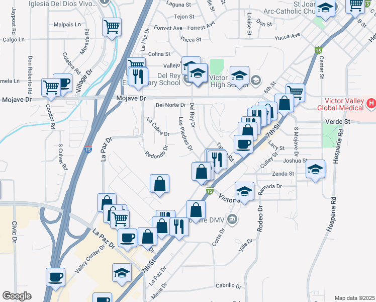 map of restaurants, bars, coffee shops, grocery stores, and more near 15102 Las Piedras Drive in Victorville