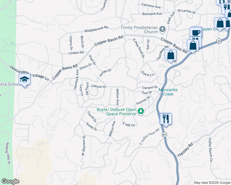 map of restaurants, bars, coffee shops, grocery stores, and more near 913 Canyon Drive in Prescott