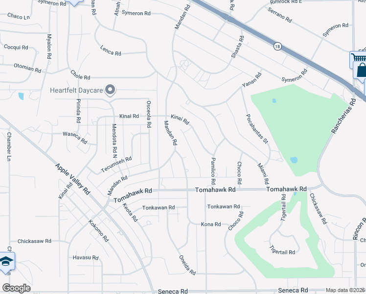 map of restaurants, bars, coffee shops, grocery stores, and more near 19453 Kinai Road in Apple Valley