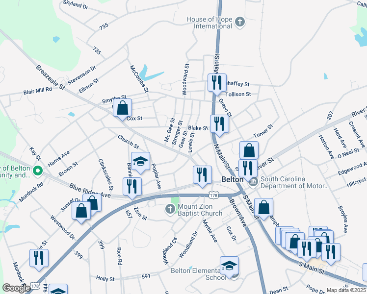 map of restaurants, bars, coffee shops, grocery stores, and more near 26 Geer Street in Belton