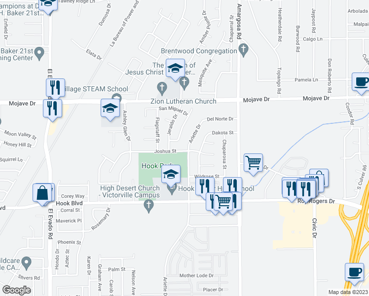 map of restaurants, bars, coffee shops, grocery stores, and more near 15114 Arlette Drive in Victorville