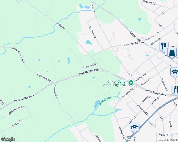 map of restaurants, bars, coffee shops, grocery stores, and more near State Highway 245 in Belton