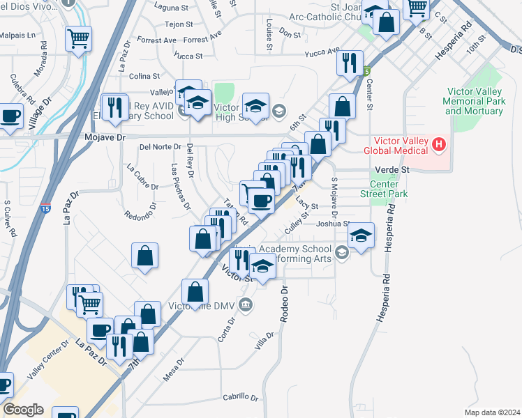 map of restaurants, bars, coffee shops, grocery stores, and more near in Victorville